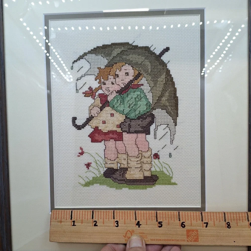 Vtg Finished Needlepoint GIRL BOY UMBRELLA Folk Art Sampler Embroidery Framed‎